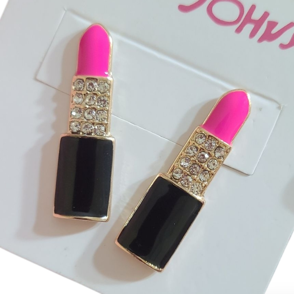 Pink lipstick stud earrings gold tone cute 💄